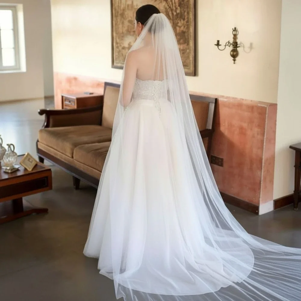 New 90 Inch White Chapel Length Bridal Veil Single Layer Tulle Simple Wedding